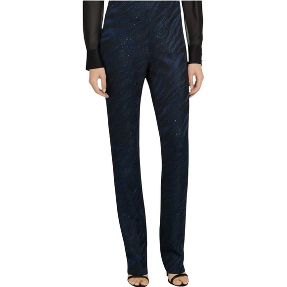 St. John Pants - St John Party Animal Pants Blue Black Sequins Size 14 Animal Print Straight Leg